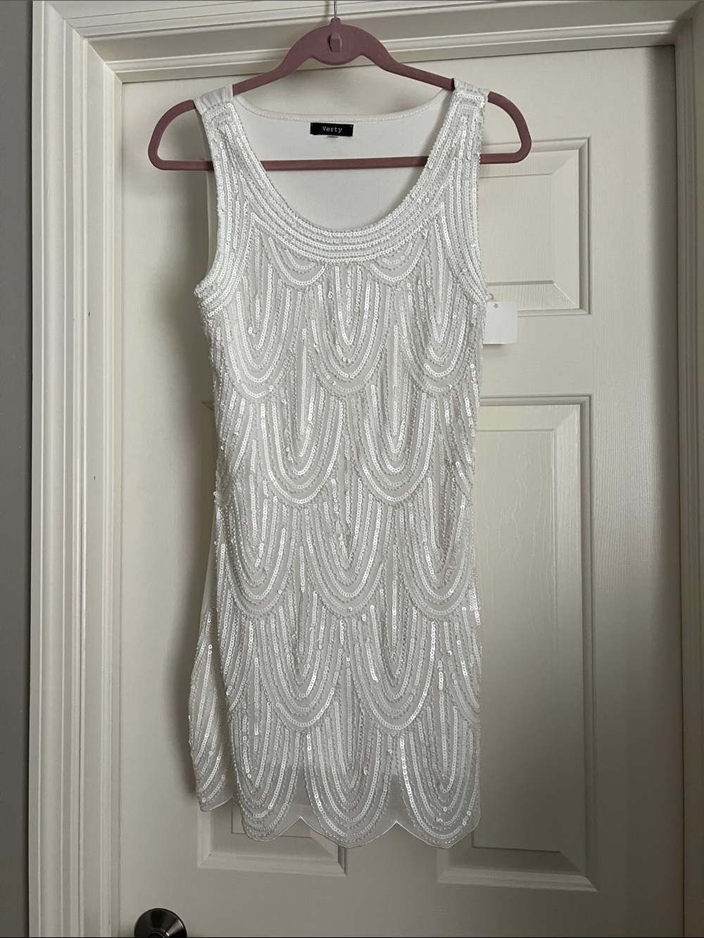verty White Beaded Scallop-Edge Tank Mini Dress